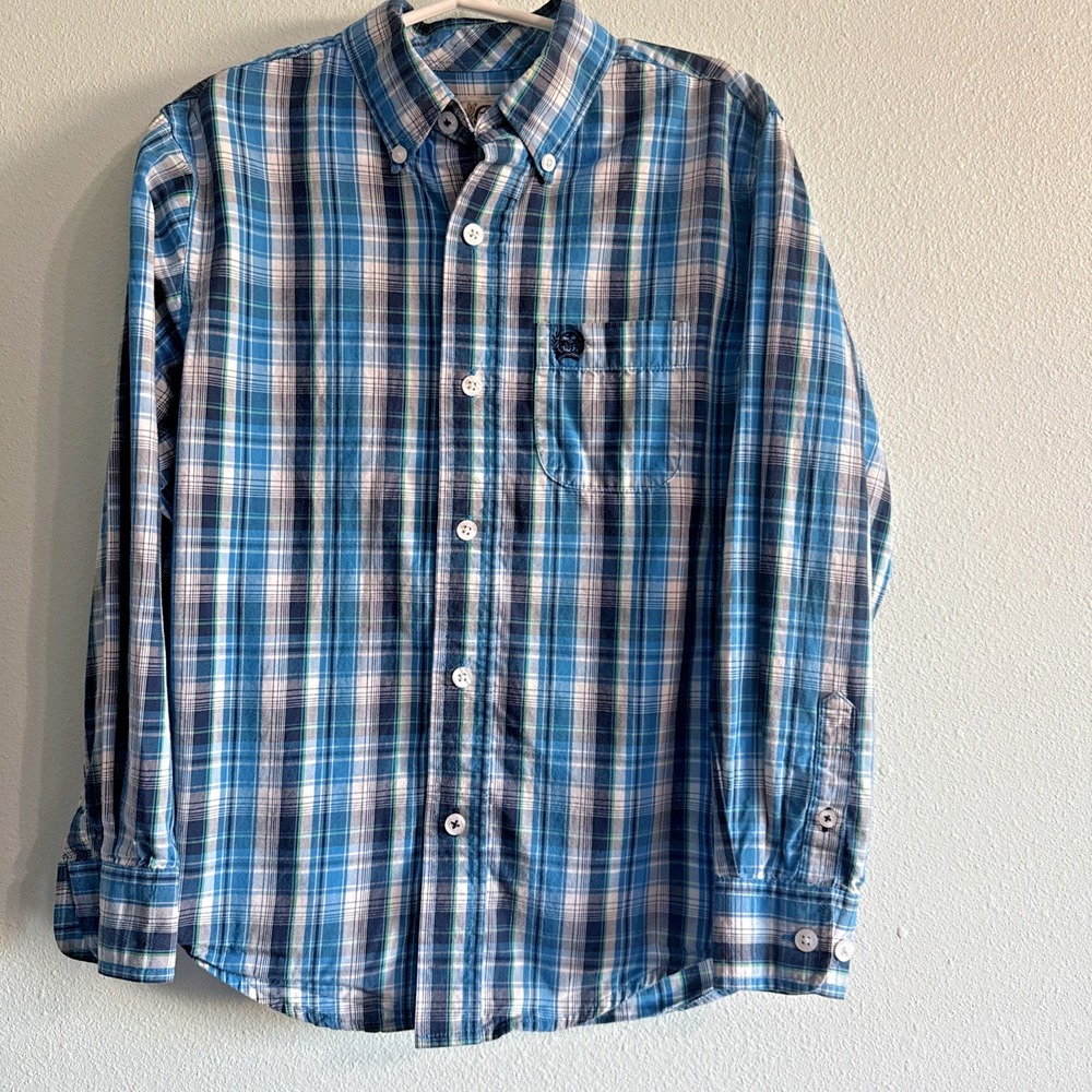 Cinch Western Shirt Boys S 6/8 Blue Plaid Cowboy Button Down Outdoor Rodeo